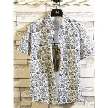 時尚男款輕薄上衣襯衫印花青年外穿短袖花襯衣便裝炫酷圖案證件照