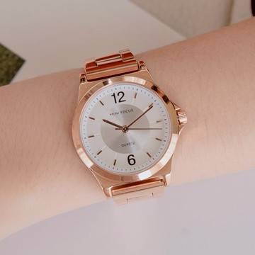 【LINE禮物獨家】MINIFOCUS面對的勇氣小錶面同心圓金屬鍊帶手錶(雙色可選)-白面玫金帶/藍面藍帶｜贈手錶禮盒