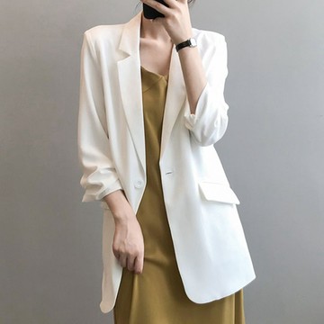 女生外套 夾克外套 大尺碼外套 冬天外套 雪紡小西裝外套女薄款夏季垂感寬松網紅休閑中長款白色西服上衣