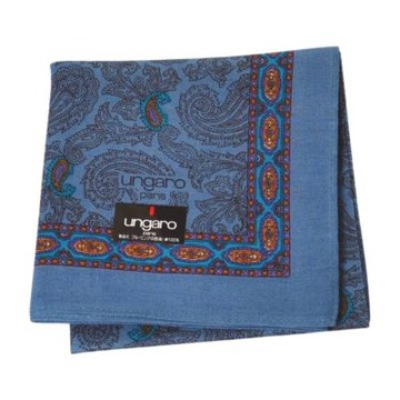 Ungaro 日本製100%棉時尚佩斯利圖案字母LOGO圖騰帕巾(藍色/46CM)