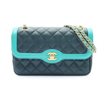 CHANEL 香奈兒 雙色 翻蓋 肩背包 綠色/藍色 菱格羊皮 金釦 無卡 二手精品 【二手名牌BRAND OFF】