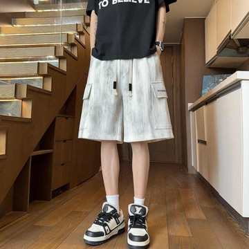 美式休閒扎染字母刺繡短褲夏季寬鬆工裝大碼青少年潮牌五分中褲
