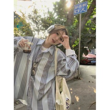 撞色條紋長袖襯衫男款小眾潮牌休閑格子襯衣美式復古防嗮夏季外套