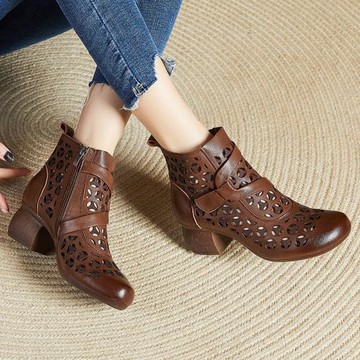 春夏新款圓頭鏤空粗跟短靴女中跟媽媽鞋真皮防滑復古休閑中年涼靴