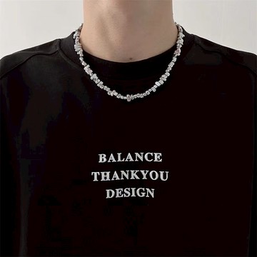 【衣衫倉庫】碎石項鍊 男生項鍊 不鏽鋼 銀色 不規則顆粒鏈 嘻哈街頭 中性可調