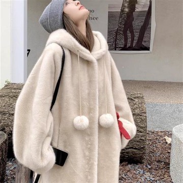 【米蘭精品】皮草外套仿水貂毛大衣-連帽加厚女巫長款女外套5色74iq30