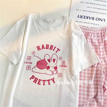 兔年圓領睡衣女春夏短袖長褲卡通純棉套裝學生薄款可愛套頭家居服