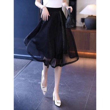 半身裙女2025夏黑色歐根紗裙子中裙高腰垂感側開叉a字大擺網紗裙