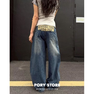 【PORY STORE】獨家！韓系復古字母彎刀褲 落地褲 舒適 實拍 百搭 男女 寬鬆 休閒 牛仔褲 牛仔寬褲 長褲