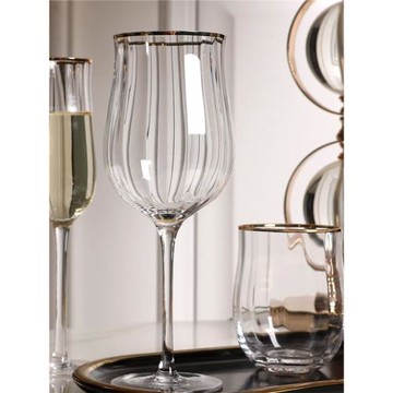 郁金香紅酒杯香檳杯條紋高腳杯甜酒杯套裝杯子輕奢金邊水晶玻璃杯