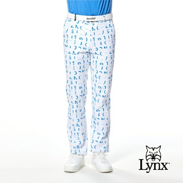 【Lynx Golf】男款彈性舒適防潑水滿版LOGO字樣印花褲耳織帶造型平口休閒長褲-白色