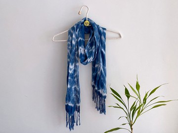 植物藍染長圍巾/藍染竹節棉披肩/民族風流蘇圍巾