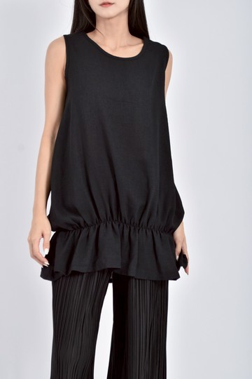 (M) devi質感紡紗無袖抓皺收尾黑色上衣