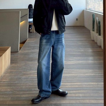 正韓側邊大口袋微落地刷色牛仔褲 2色  YUPPIE 預購商品 1014