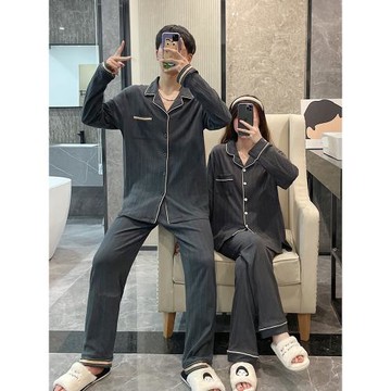 純棉春秋季情侶睡衣男女全棉休閑新款深灰網紅風高級感家居服套裝