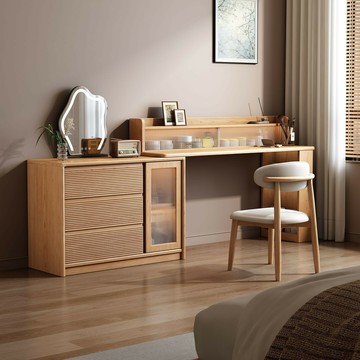 鏡台 化妝桌 免運 開立發票 實木梳妝臺斗櫃一體臥室轉角書桌家用床尾置物櫃化妝臺伸縮化妝桌