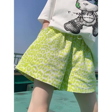 韓國2026夏新款時尚個性熒光綠色豹紋牛仔短褲女A字闊腿休閑熱褲