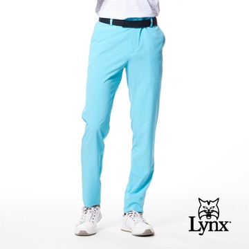 【Lynx Golf】男款四面彈性布料材質基本款素面造型山貓繡花平口休閒長褲-天藍色
