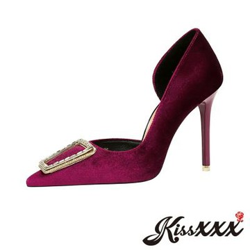 KissXXX 尖頭高跟鞋 絨面高跟鞋 水鑽高跟鞋/純色絨面尖頭淺口梯形美鑽釦側挖空10.5CM高跟鞋 紫