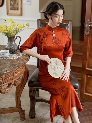 鐵鏽紅 國色天香 全開襟盤扣旗袍  復古改良中式新娘敬酒服禮服