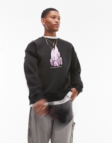 Topman oversized sweatshirt with crystal print in black
