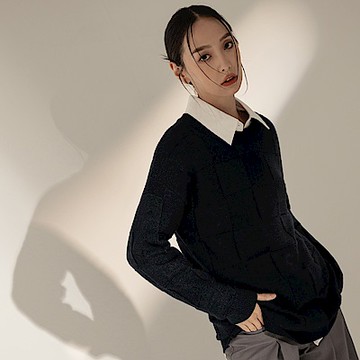 OB嚴選-男女共穿．包芯紗格紋針織長袖毛衣