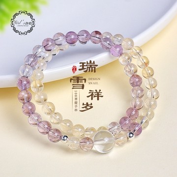 水晶手鍊 黃水晶 紫水晶手鍊 女 招財手鍊 助事業 招貴人 玻利維亞紫水晶 串珠雙圈手鍊 黃塔晶白水晶手串