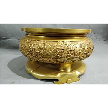 老件紫銅全鎏金高16*25公分12.7公斤祥云瑞鶴金香爐擺件