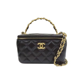 CHANEL 香奈兒 黑色 菱格紋 羊皮 Top Handle Vanity Case 化妝箱 肩背包 【二手名牌BRAND OFF】
