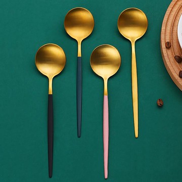 不銹鋼勺子家用精致吃飯勺子甜品勺金色網紅韓式長柄公勺分餐勺子