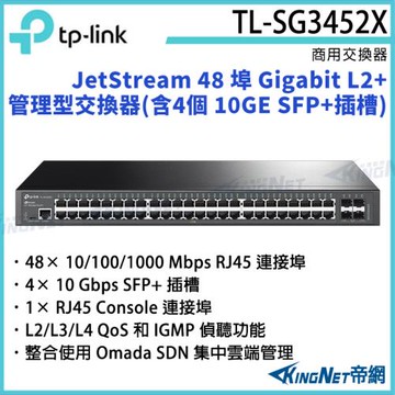 【帝網】TP-LINK JetStream 48 埠 Gigabit L2+ 管理型交換器(含４個 10GE SFP+ 插槽) TL-SG3452X