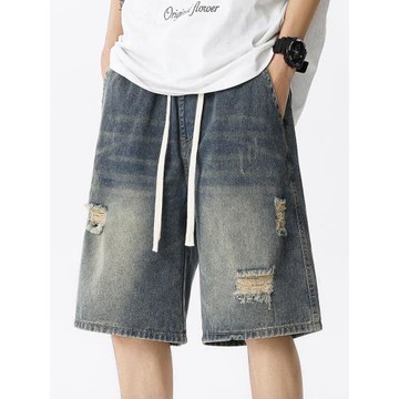 復古藍破洞牛仔短褲男款美式高街寬松褲子休閑五分褲男生直筒中褲