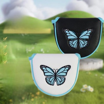 高爾夫推桿套蝴蝶刺繡圖案防水防塵內里毛絨磁吸搭扣半圓L型頭套