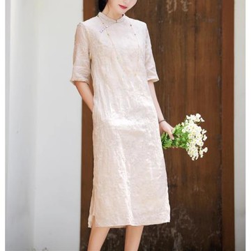 25春夏季新品女裝純苧麻刺繡工藝旗袍中式改良氣質棉麻高端連衣裙