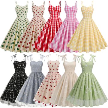 港風復古少女波點格子掛脖吊帶連衣裙收腰大擺中長跳舞蹈度假裙夏