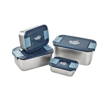 【Black HAMMER 官方直營】雙扣收納不鏽鋼可微波保鮮盒4件組-D01