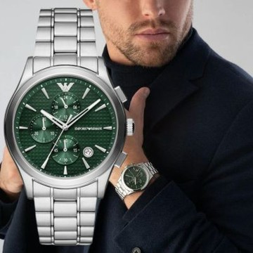 EMPORIO ARMANI 亞曼尼  紳士經典綠面三眼不鏽鋼男錶(AR11529)42mm