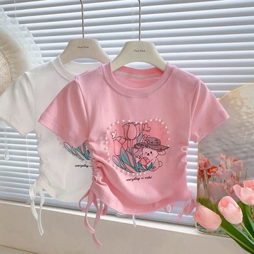 mori🎀mori抽繩短袖上衣夏季女童寶寶珍珠愛心甜美卡通短袖T恤夏季