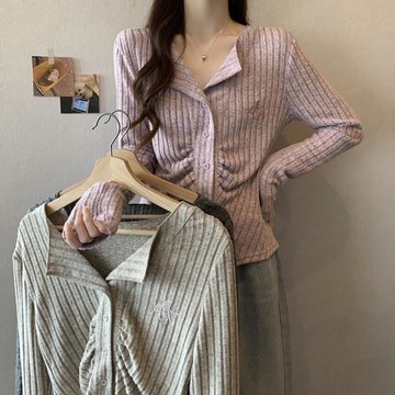 辣妹V領正肩胖mm紫色針織開衫