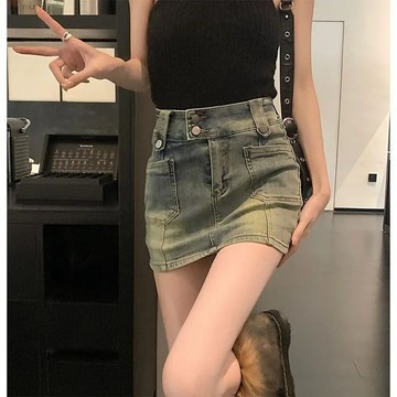 牛仔裙女  美式複古做舊  牛仔半身裙女  夏季設計感  高街辣妹防走光  a字包臀短裙子 6JQX