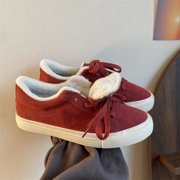磊哥家 2024冬季加絨二棉鞋酒紅色小眾休閑板鞋百搭情侶帆布鞋男