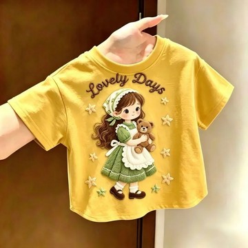 洋氣純色夏季新款卡通男女兒童短袖T恤寶寶可愛女孩圖案休閒上衣 女童上衣 夏天短袖T恤 韓版打底衫 可愛上衣 中小童