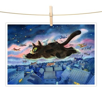 afu水彩插畫明信片 - 飛行的夜貓