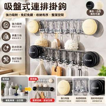 吸盤式連排掛鉤 免打孔無痕不留膠 強力承重可重複拆卸 多鉤設計收納有序 壁掛節省空間 家用浴室廚房玄關洗手台收納掛勾