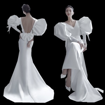 影樓主題魚尾蝴蝶結釘珠露背森系禮服個性修身大泡袖緞面寫真婚紗