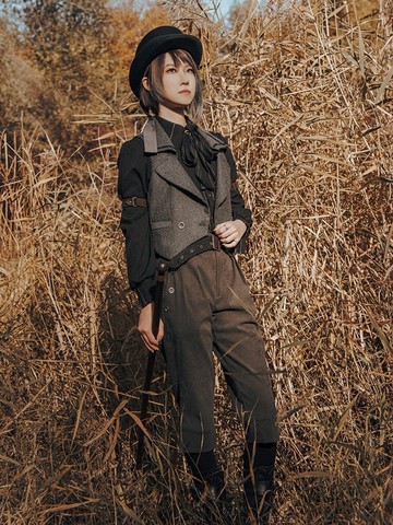 蒸汽朋克 灰色毛 英倫復古 西裝領 雙排扣馬甲 拆卸披肩 斗篷