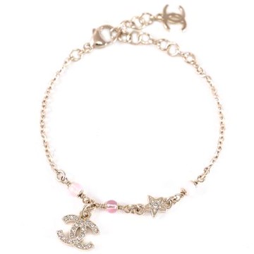 CHANEL 水鑽CC LOGO粉珠星星裝飾手鍊(淡金)