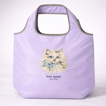 KATE SPADE 貓咪刺繡大容量拉鍊托特包 (霧紫色)｜日系設計｜輕量購物包｜送禮首選