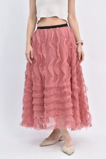 (S) listen to me質感紡紗鬆緊腰粉色長裙