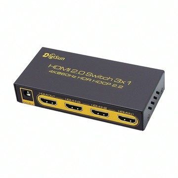 DigiSun 得揚 4K HDMI 2.0 三進一出影音切換器 支援4K2K/60HZ 1080P 3D和HDR高解析  黑色 + 黃色  1個